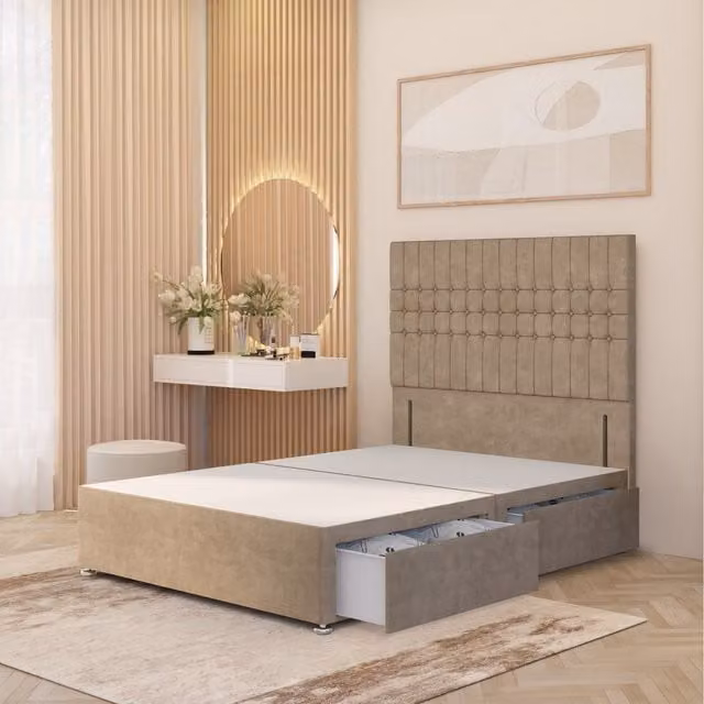 Somnior Beds Ltd Lexington King Divan Bed Base with 54 inch Floor Standing Headboard in Beige Plush Velvet with Drawers, W/D/H: 180 x 200 cm