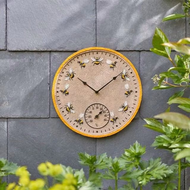 Garden Mile Bee Round Analog Quartz Wall Clock and Thermometer in Brown, Yellow and Black