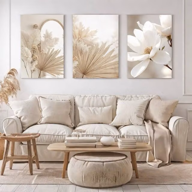 Mafett Beige Botanical Canvas Wall Art Set of 3 Minimalist Abstract Prints, W: 45.72 cm, H: 60.96 cm