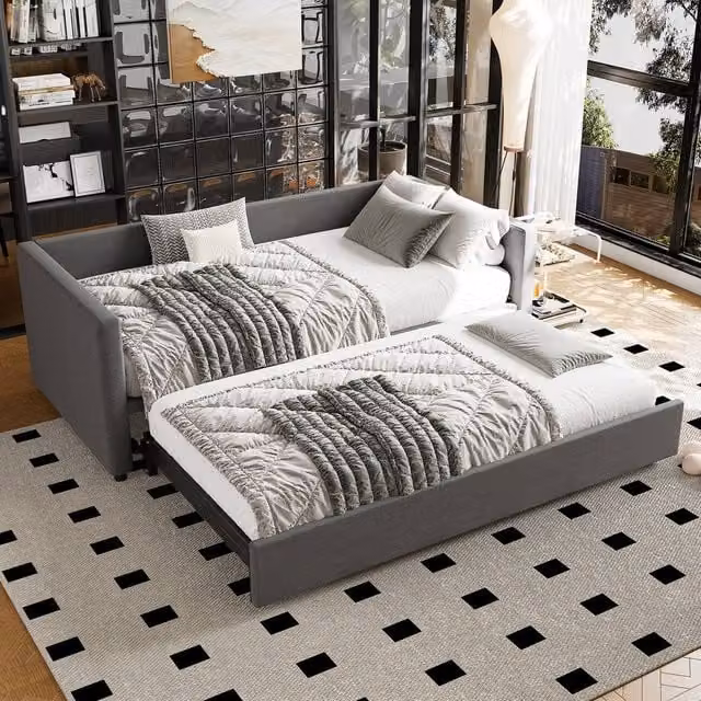 BTM Grey Upholstered Modern Daybed with Pull-Out Bed, W/D/H: 190 x 90 x 73 cm