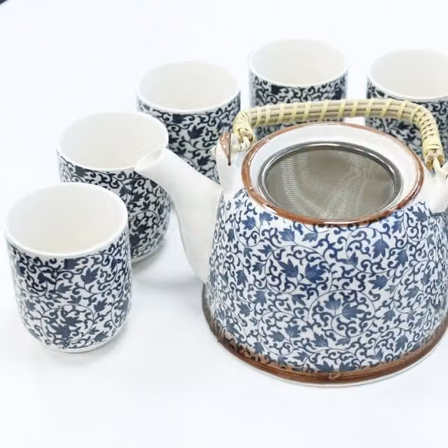 KDMK Blue Floral Ceramic Teapot Set with Infuser and 6 Cups