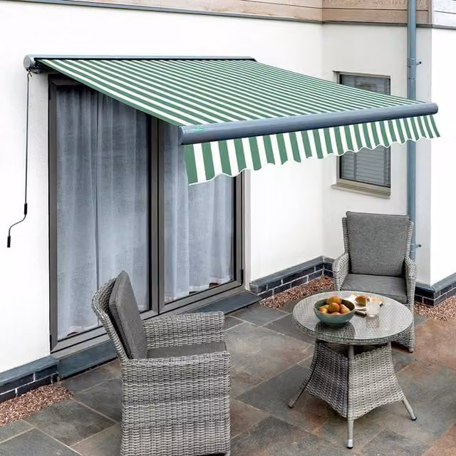 Primrose Manual Full Cassette Awning in Anthracite with Green and White Stripes