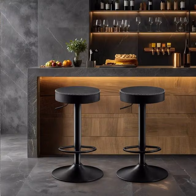 STOOLINK Set of 2 Swivel Bar Stools in Black Synthetic Leather with Metal Frame