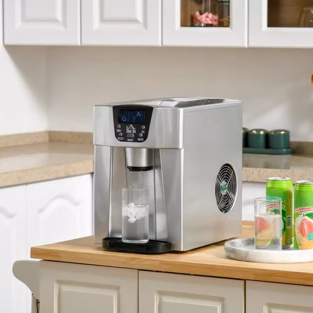 HOMCOM Silver Ice Maker Machine and Water Dispenser with 3L Tank and Digital Display