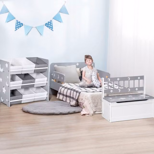 ZONEKIZ 3-Piece Grey Kids Bedroom Furniture Set with Bed for Children Aged 3-6 Years