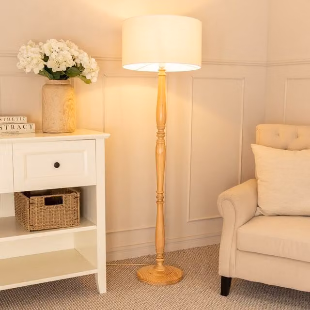 ValueLights Victoria Candlestick Floor Lamp with White Fabric Drum Shade and Wood Base