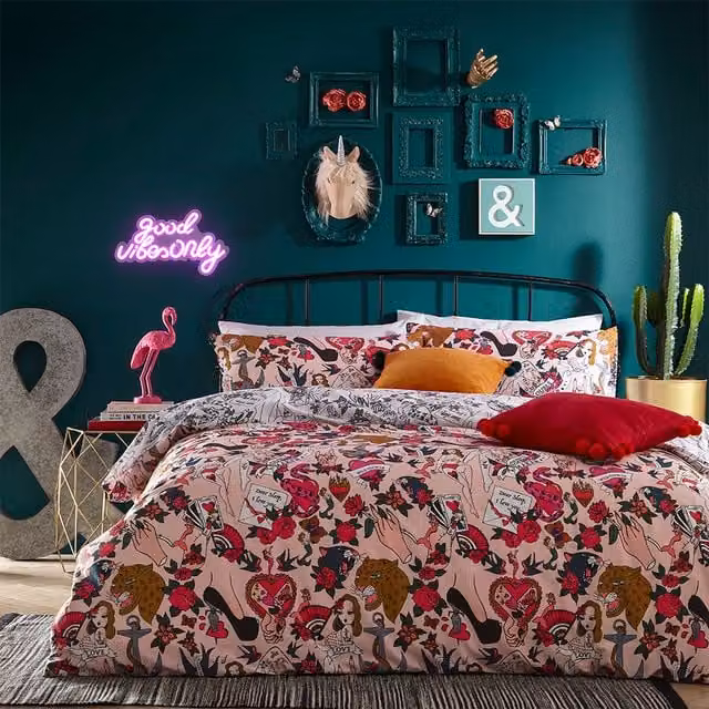 Inked Tattoo Inspired Reversible Floral Duvet Cover Set, Pink, Red, Black and White, 200 x 200 cm