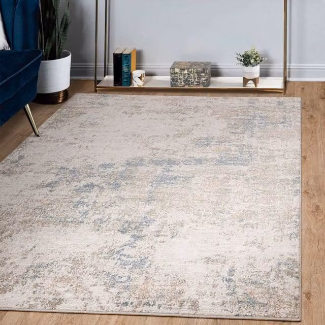 The Rug Edit Opal Ivory Blue Distressed Abstract Modern Woven Rectangular Living Area Rug, W: 160 cm, L: 220 cm