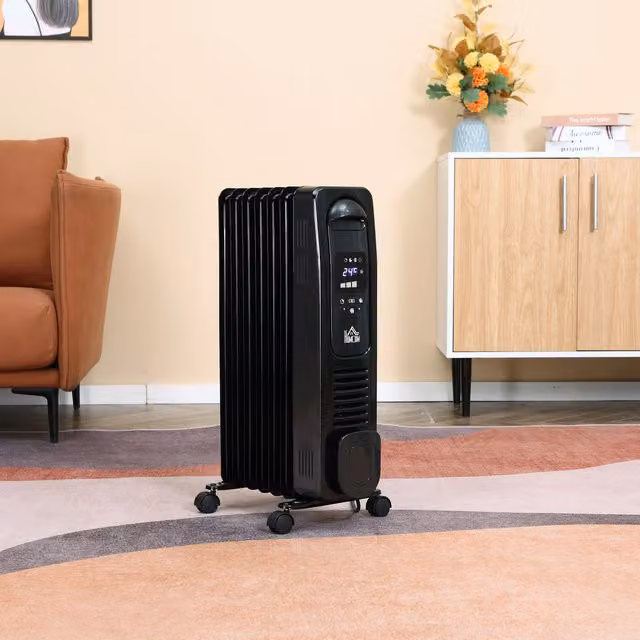 HOMCOM 1500W Digital Oil Filled Radiator 7 Fin Portable Freestanding Electric Heater, Black