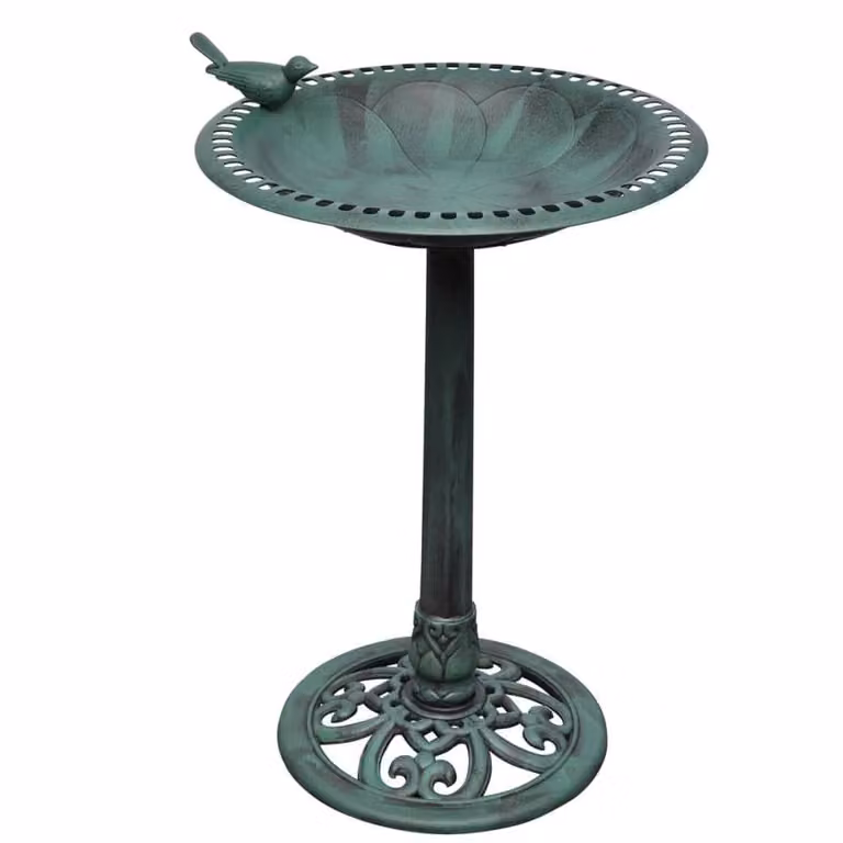 Berkfield Home Decorative Round Bird Bath with Bird in Green, H 76 x W 54 x D 50 cm
