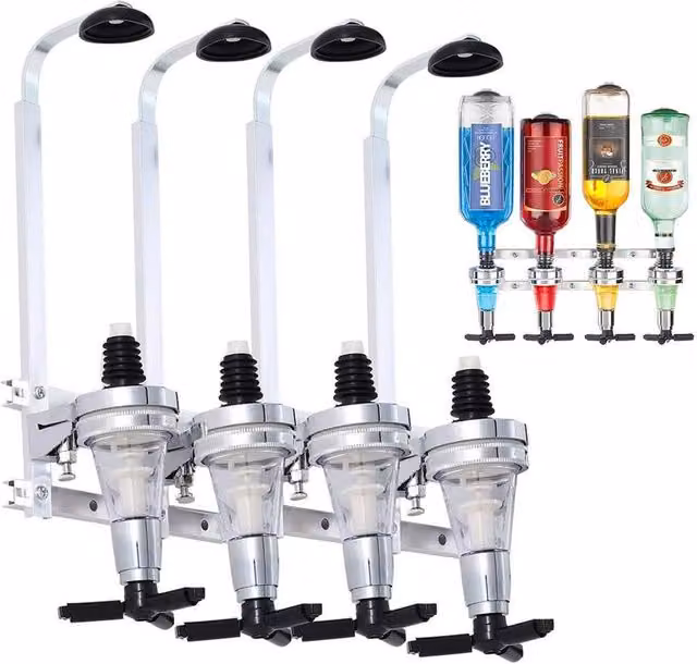 KORVIXA 4 Bottle Wall Mounted Optic Drink Dispenser with Pourer, Silver