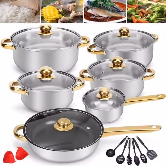 Ventryn 20-Piece Non-Stick Stainless Steel and Ceramic Cooking Pot Set with Lids in Silver
