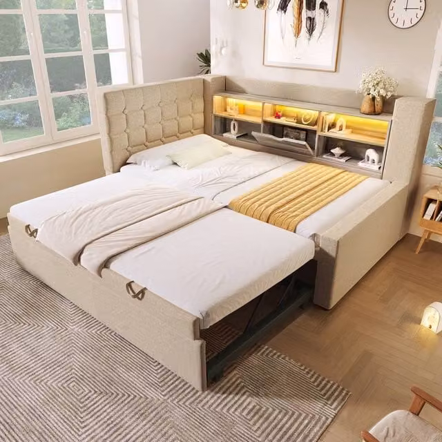 Matteo Upholstered Single Daybed Sofa Bed with Storage, USB Charging and Under-bed Lighting in Beige, W/D/H: 190 x 90 x 90 cm