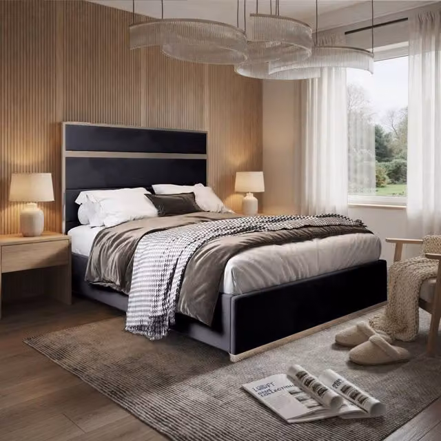 KDMD Horringer Single Designer Bed Frame with Black Metal and Soft Velvet Upholstery, W/D/H: 90 x 200 cm
