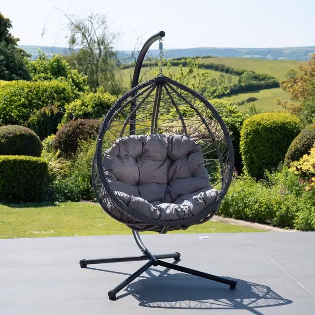 Artemis Home Modern Polyrattan Hanging Egg Lounge Chair with Stand and Cushions in Grey and Black