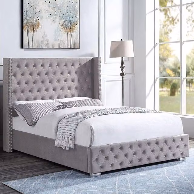 Home Treats Grey Silver Velvet Upholstered Wingback Ottoman Bed Frame with Lift Up Base W/D/H: 140 x 200 cm