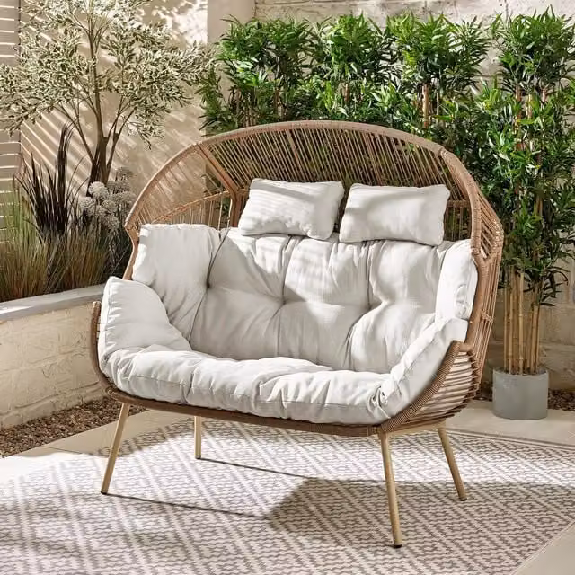 FurnitureboxUK Outdoor Double Egg Chair with Cushions and Cover in Beige and Brown PE Rattan