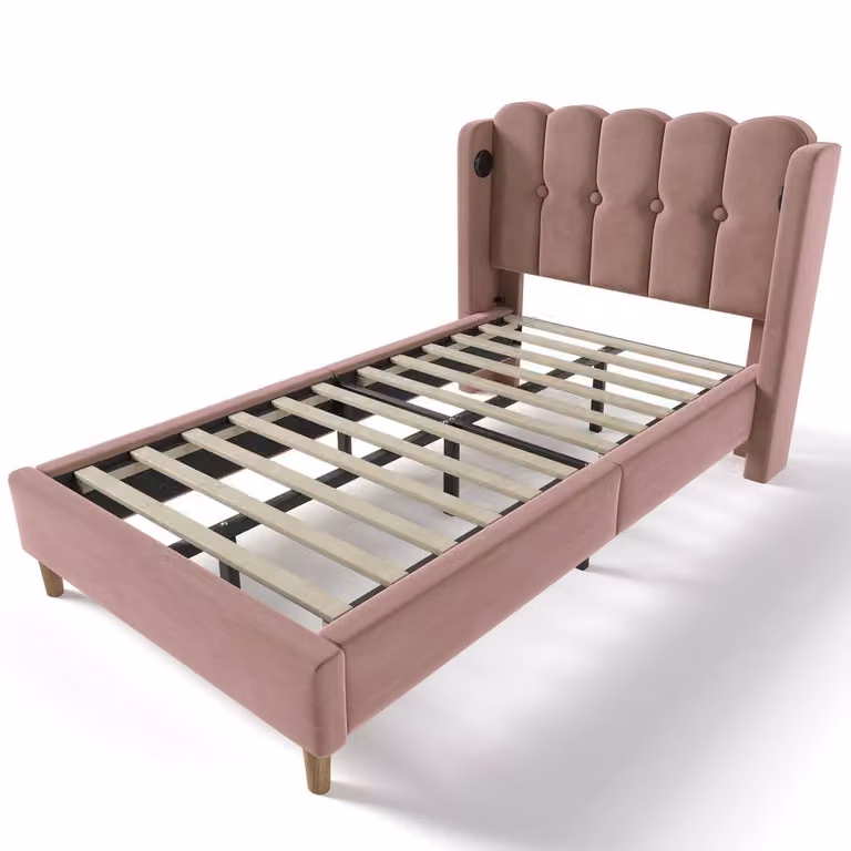 Rolipo Pink Velvet Single Bed Frame with USB Charging, W: 90 cm, D: 190 cm