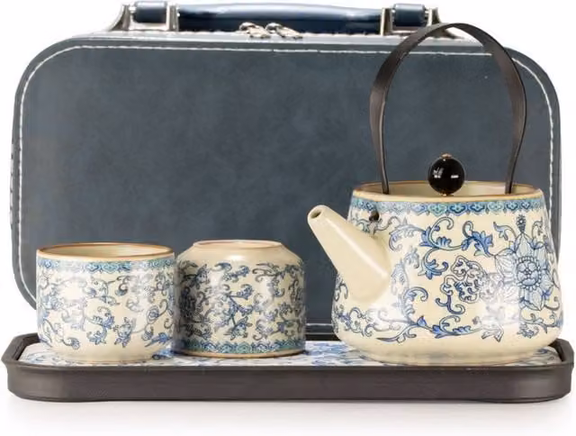 KDMD Blue Ceramic Travel Teapot Set with Two Cups