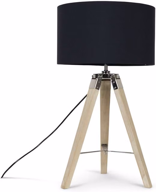 ValueLights Clipper Tripod Table Lamp with Navy Blue Fabric Cylinder Shade in Brown Wood