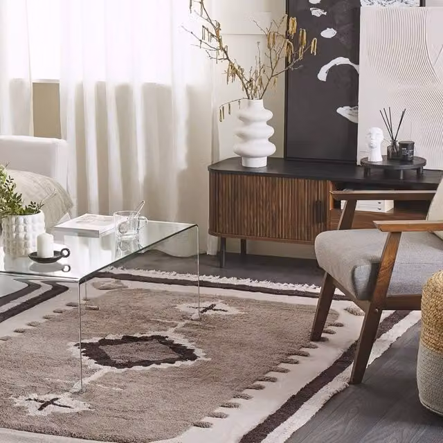 Wyld and Coco Beige Cotton Hand Tufted Boho Area Rug with Fringes W: 160 cm, D: 230 cm