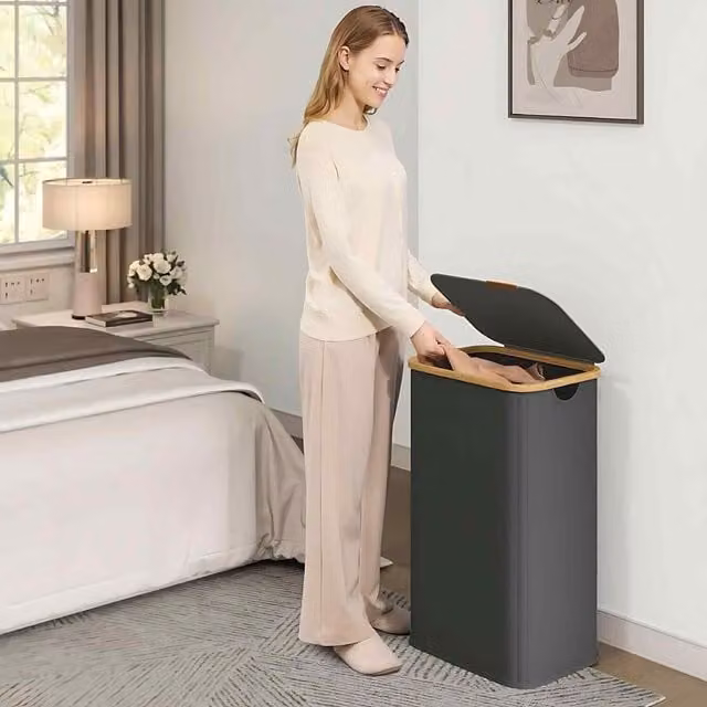 The Bazaarist Foldable Laundry Hamper with Lid and Handles, Bamboo Frame, Grey
