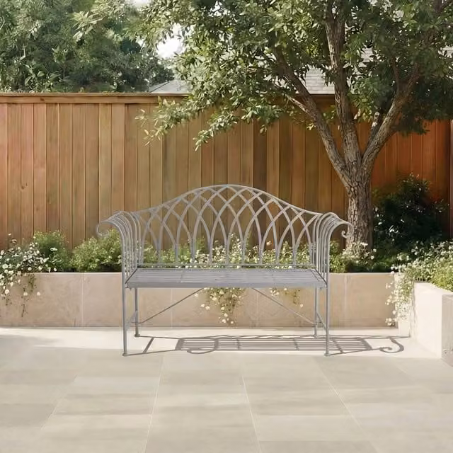 Charles Bentley Rustic Wrought Iron Decorative Outdoor Bench in Matt Grey