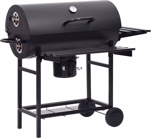 Berkfield Home Black Steel Barrel Charcoal Grill with Wheels, Shelves and Warming Rack, W/D/H: 115 x 85 x 95 cm
