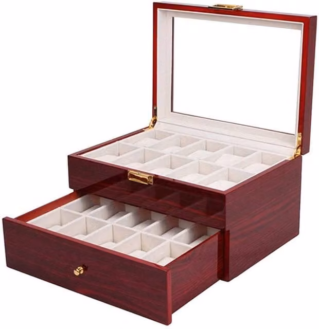 Outsunny Red Wood Watch Display Box with Glass Lid