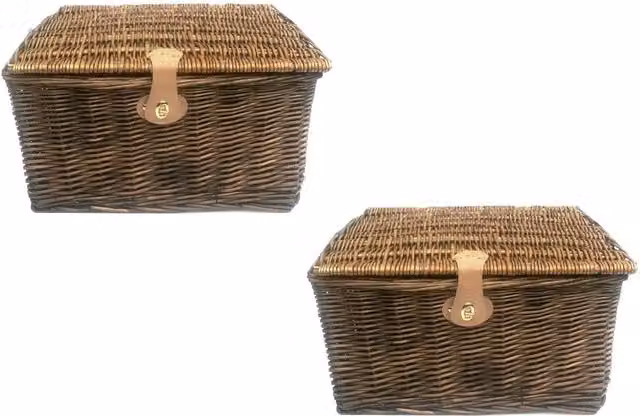 Topfurnishing Brown Wooden Picnic Hamper Lidded Basket with Latch, Diameter: 28 cm, Pack of 2