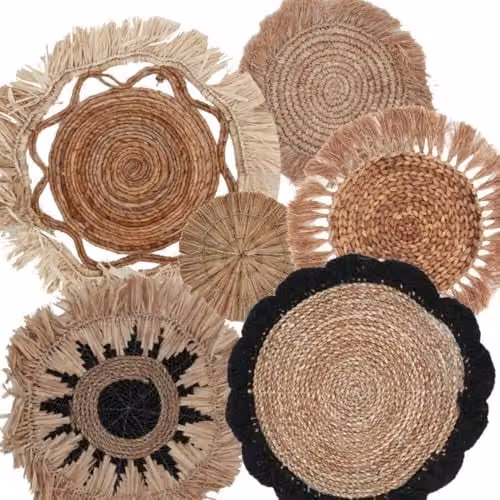 Ancient Wisdom Kribo Collection Set of Six Multicolour Rattan Boho Geometric Round Wall Art
