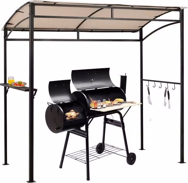 COSTWAY Curved Grill Gazebo Patio Barbecue Canopy Shelter with Shelving in Beige and Yellow