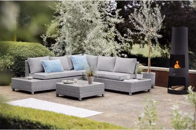 Chilli Seating Monte Carlo Stone Grey Modular L-Shape Outdoor Garden Lounge Set with Upholstered Cushions, Ottoman and Coffee Table