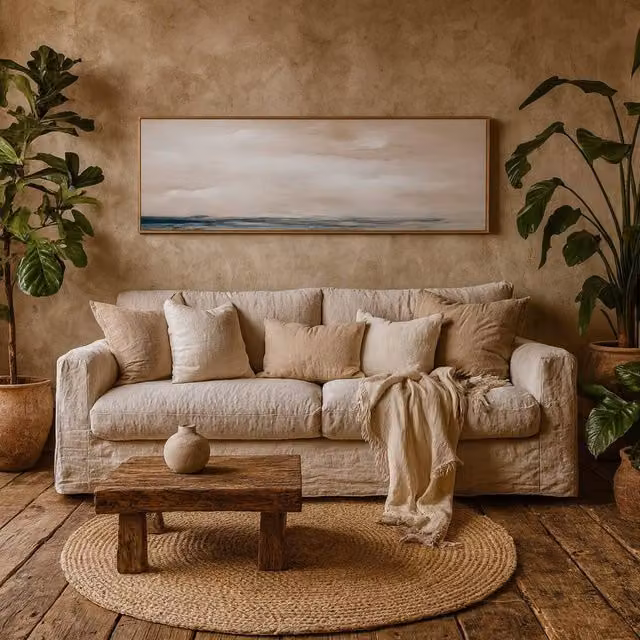 Wyld Haus Ona Modern Abstract Hand Painted Framed Canvas in Peach, Blue and Multicolour, W: 150 cm, H: 50 cm