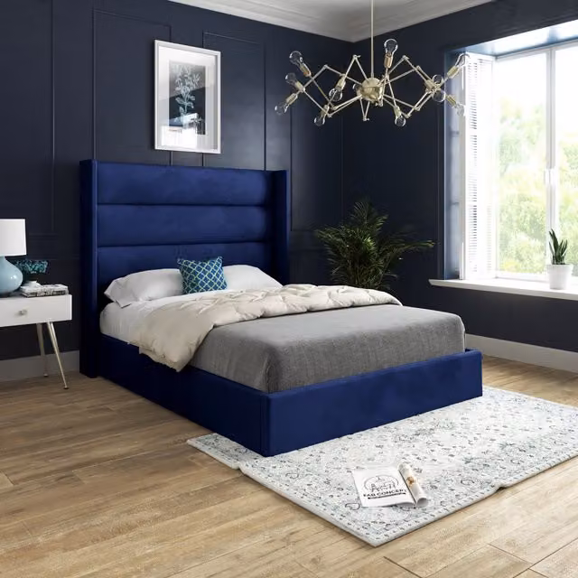 Jacob Soft Velvet Upholstered Straight Winged Bed Frame in Blue, W/D/H: 80 x 190 cm