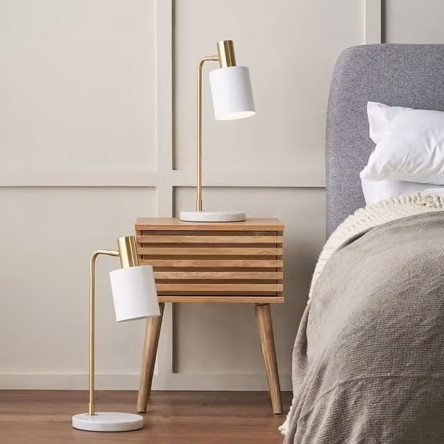 Set of 2 Biba White Ceramic and Marble Table Lamps with Fabric Shades