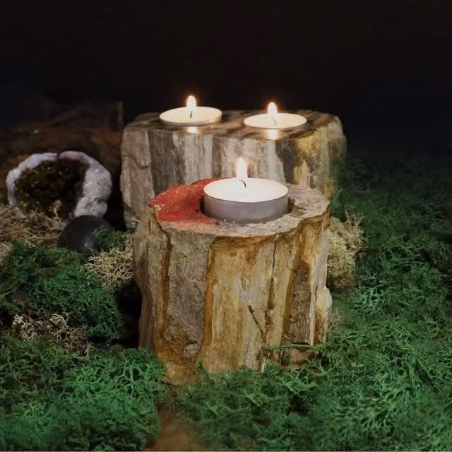 KDMK Petrified Wood Double Tealight Candle Holder, Brown Stone