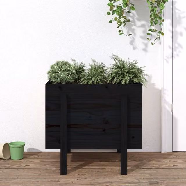 Berkfield Home Black Solid Wood Pine Garden Planter Tub W: 62 cm, D: 50 cm, H: 57 cm