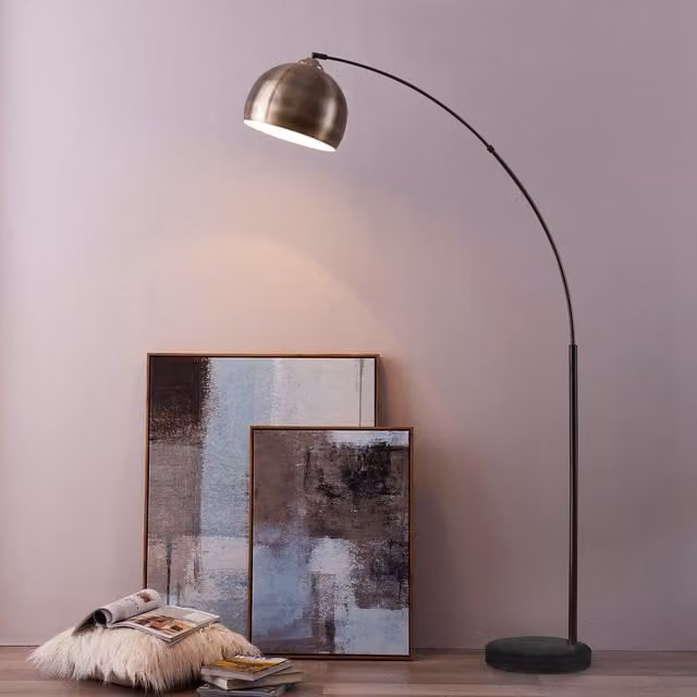Teamson Home Modern Curved Arc Floor Lamp with Bell Shade and Marble Base in Gold/Brass
