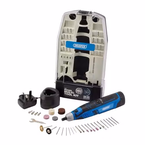 Draper 70298 12V Rotary Multi-Tool Kit with 1.5Ah Battery and Fast Charger, 50 Piece Set in Blue and Black