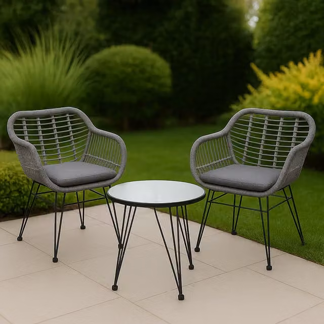 Home Republic 3 Piece Modern Polyrattan Outdoor Bistro Furniture Set in Black and Grey with Round Glass Top