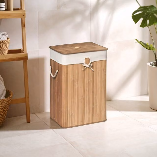 Orsina Kankyo Rectangular Natural Bamboo Laundry Hamper in Brown with Lid, Handles and Removable Bag