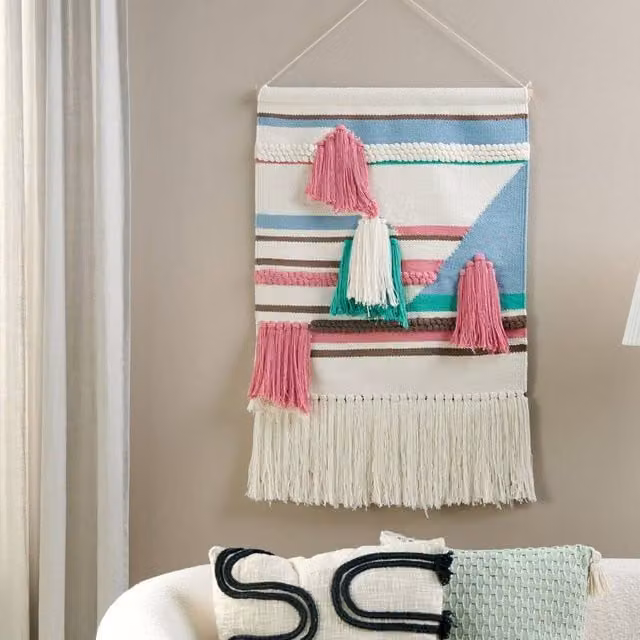 Wyld and Coco Boho Geometric Multicolour Cotton Wall Hanging with Tassels in Beige, W/D/H: 90 x 60 x 1 cm