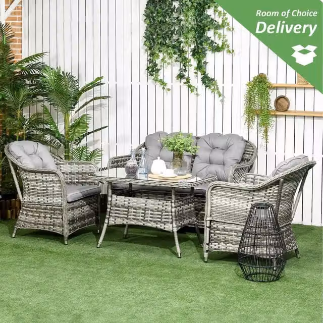 Outsunny Grey Round Wicker Rattan Garden Furniture Set with Upholstered Cushions and Powder Coated Aluminium Frame
