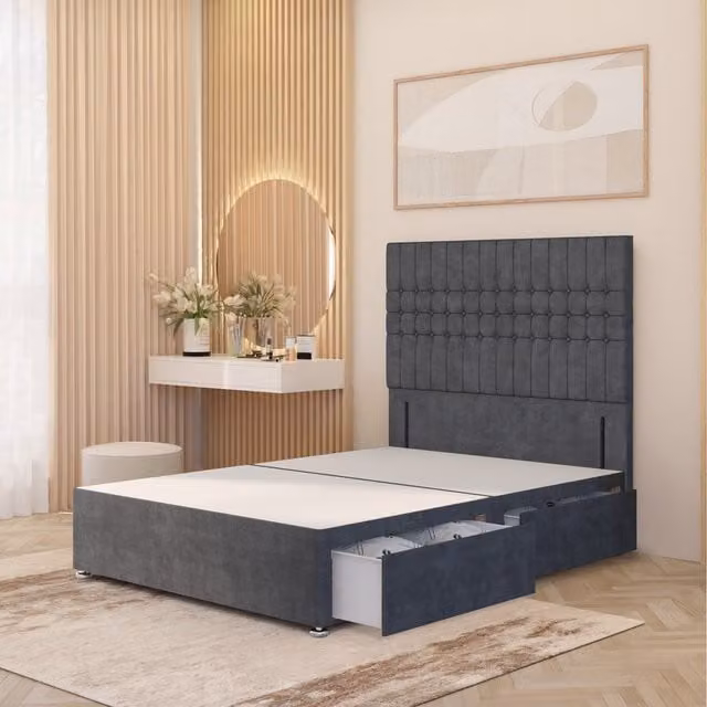 Somnior Beds Ltd Lexington Super King Divan Bed Base with 4 Drawers and 54 inch Floor Standing Headboard in Silver Grey Plush Velvet, W/D/H: 200 x 200 cm