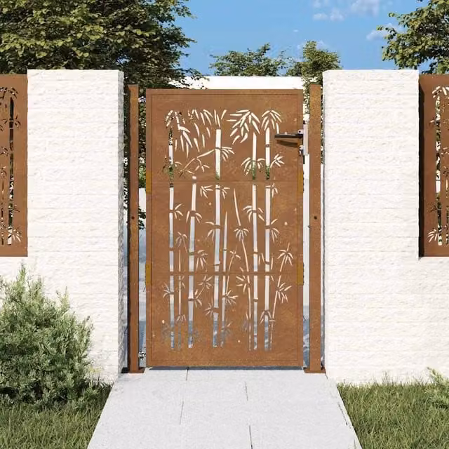 Berkfield Home Garden Gate in Brown Corten Steel with Bamboo Design, W: 105 cm, H: 130 cm