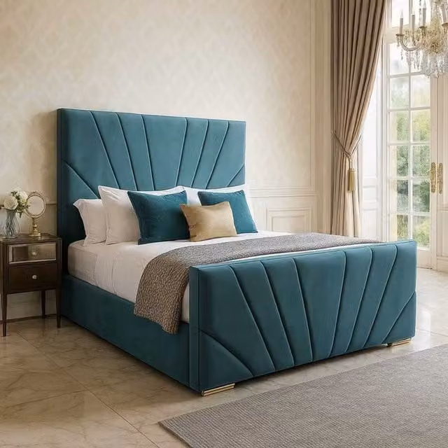 K Mehmood Enterprise Ltd Elegance Modern Upholstered Velvet Bed Frame with Geometric Headboard and Footboard in Green
