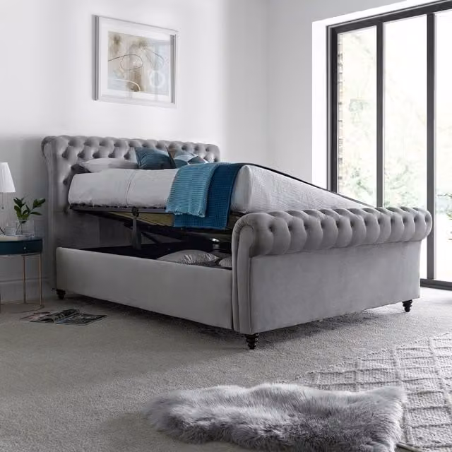 Bedmaster Osborne Grey Velvet Chesterfield Ottoman Bed W/D/H: 140 x 200 cm