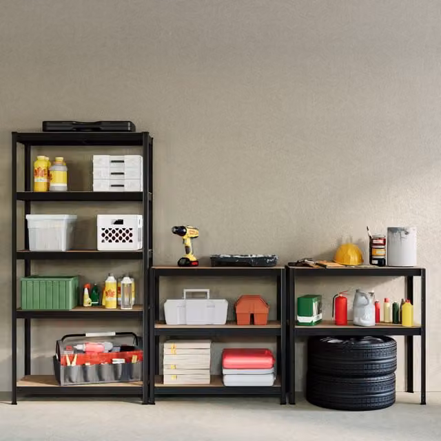 Home Discount Home Vida Set of 2 Heavy Duty 5 Tier Garage Shelves and Work Benches in Black, W/D/H: 150 x 70 x 150 cm