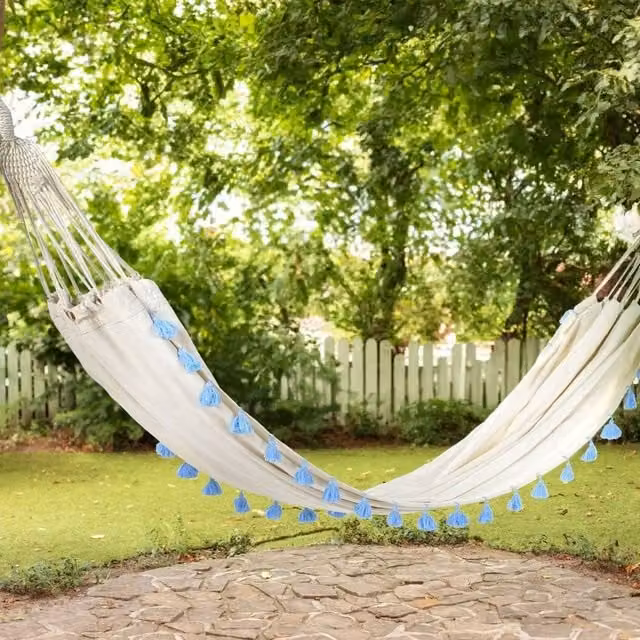 Wyld and Coco Beige Cotton Garden Hammock with Blue Boho Accents